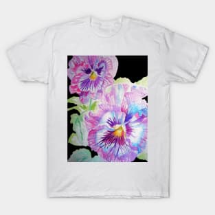 Purple Pansy Watercolor Painting on Black T-Shirt